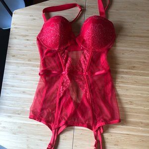 Red 34D Victoria’s Secret Mesh and Lace Garter Corset Slip with Crystals